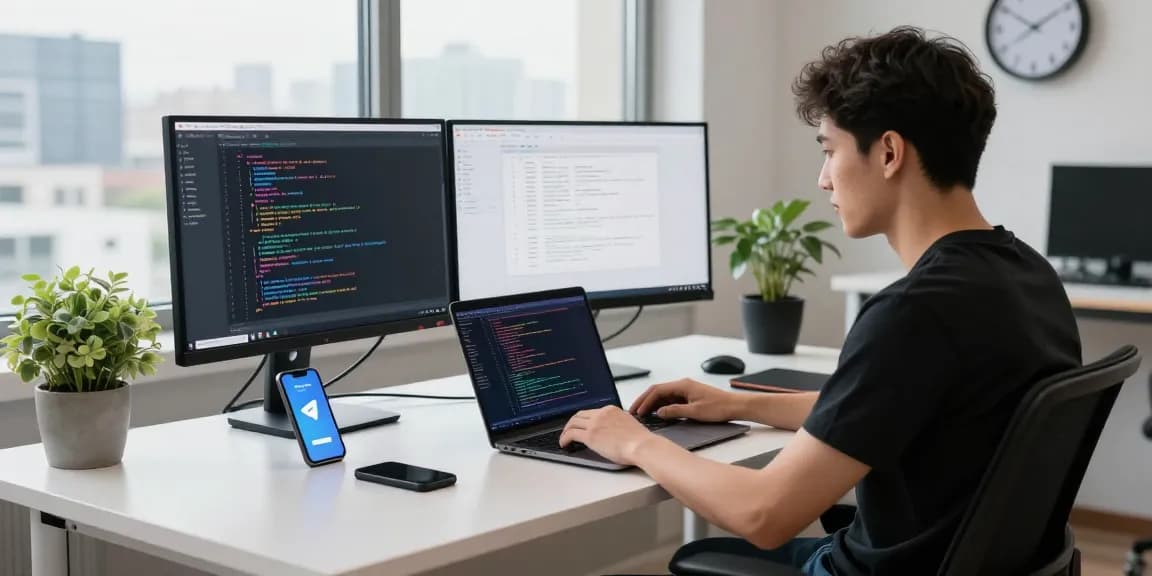 Discover Telegram Download on a modern workspace with a developer coding and tech gadgets.