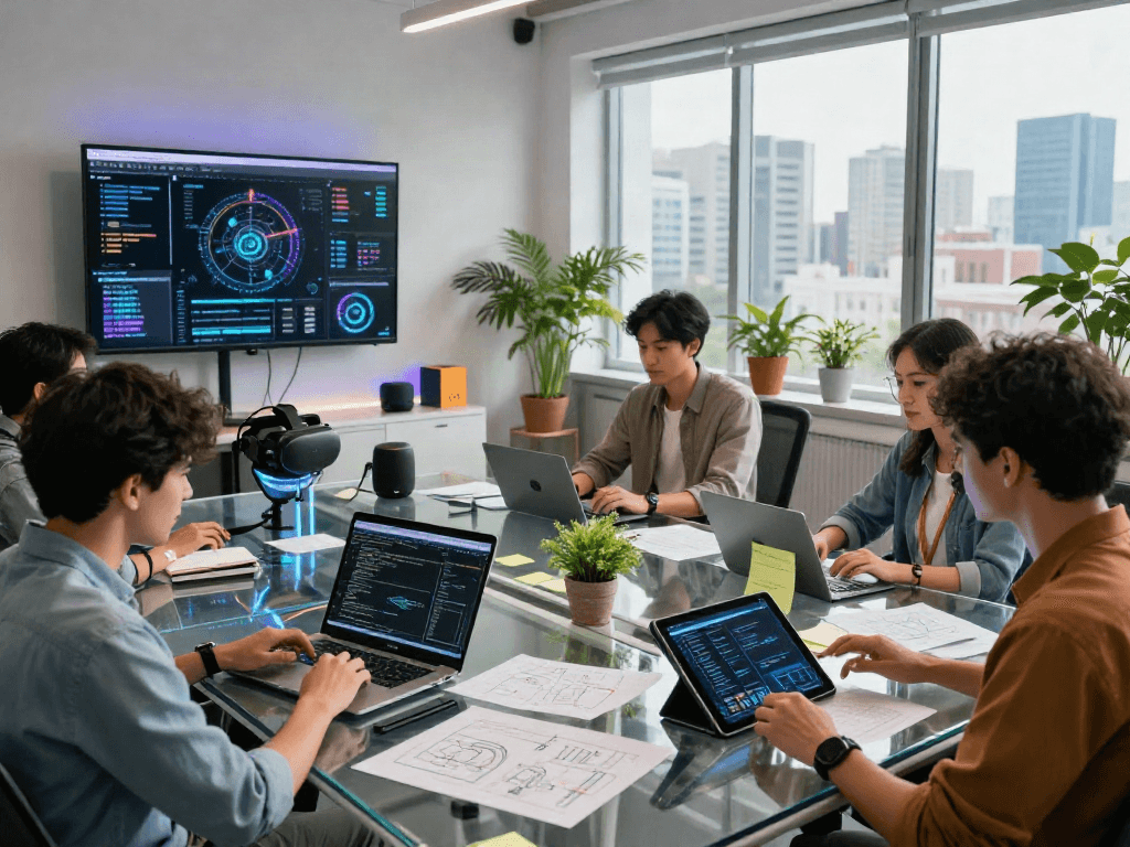 Developers collaborating on crush ai technology in a modern workspace.