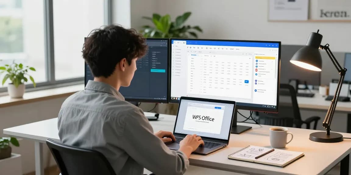 Download WPS Office in a modern workspace with productive setup and bright atmosphere.