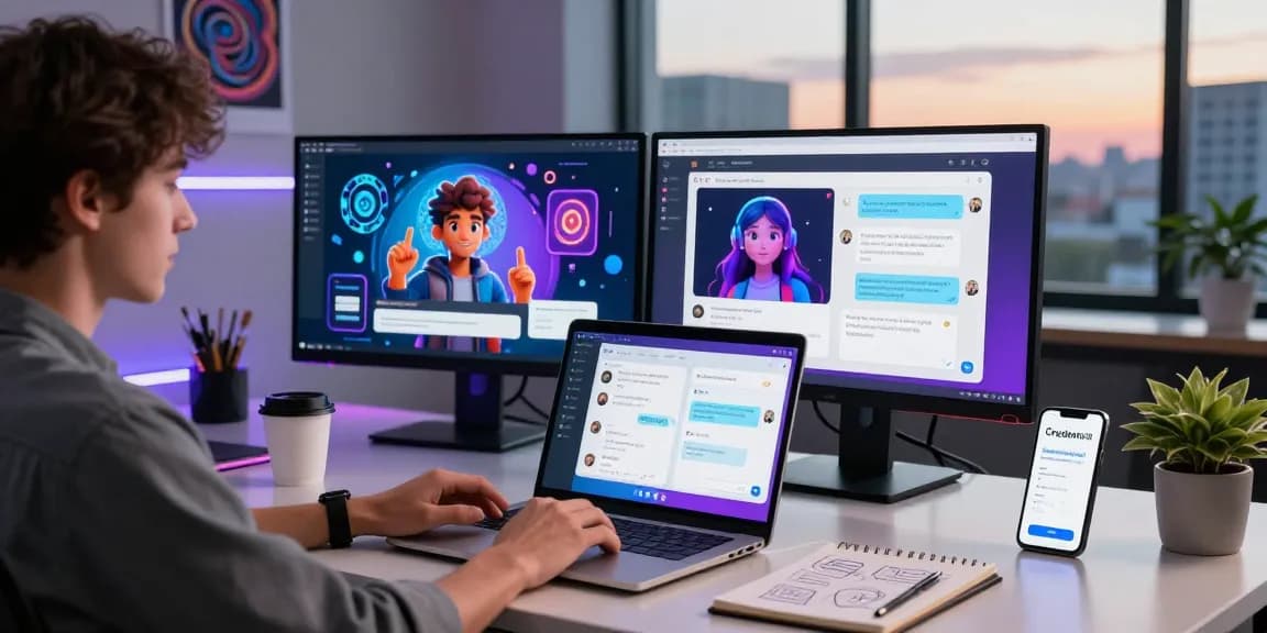 Engaging CrushonAI chat interaction in a modern workspace with vibrant AI designs and urban skyline.