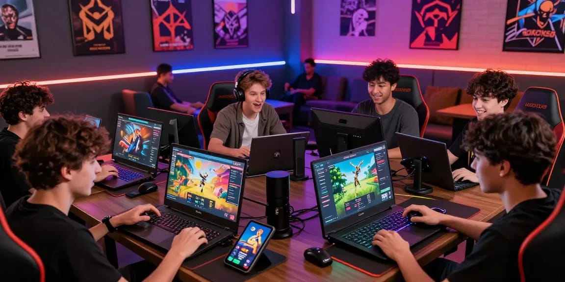 Excited players enjoying diverse games on ROKOK88 platform, showcasing modern gaming devices and vibrant lounge atmosphere.
