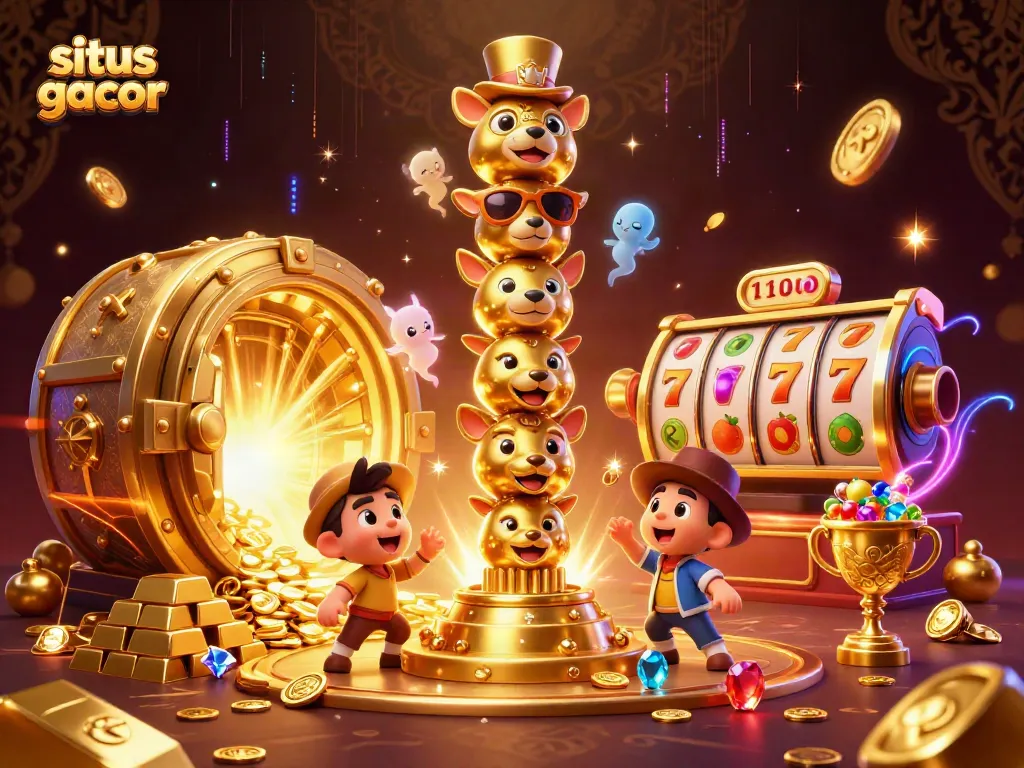 Engage with situs gacor through a vibrant 3D illustration of a totem pole surrounded by casino elements.