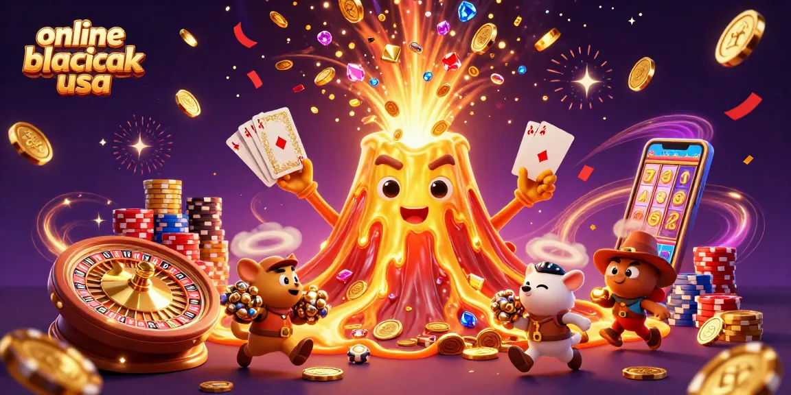 Experience the thrill of online blackjack USA as fortune spills from a triumphant volcano amidst a casino celebration.