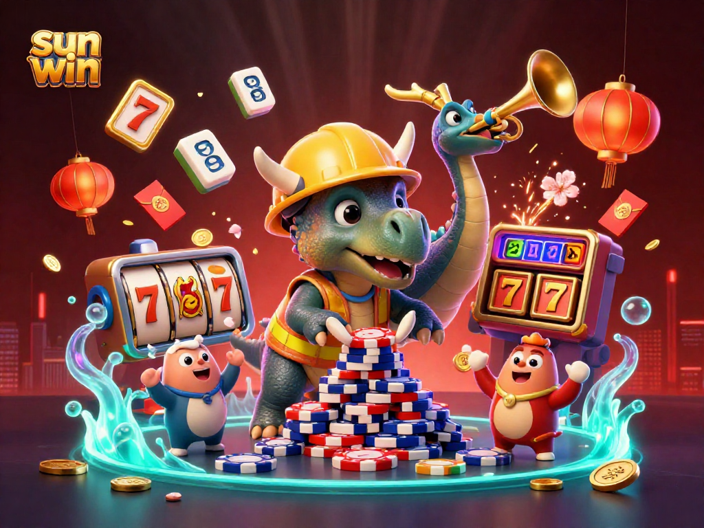 Engage with sun win and win big! A vibrant 3D casino scene with triceratops and slot elements.
