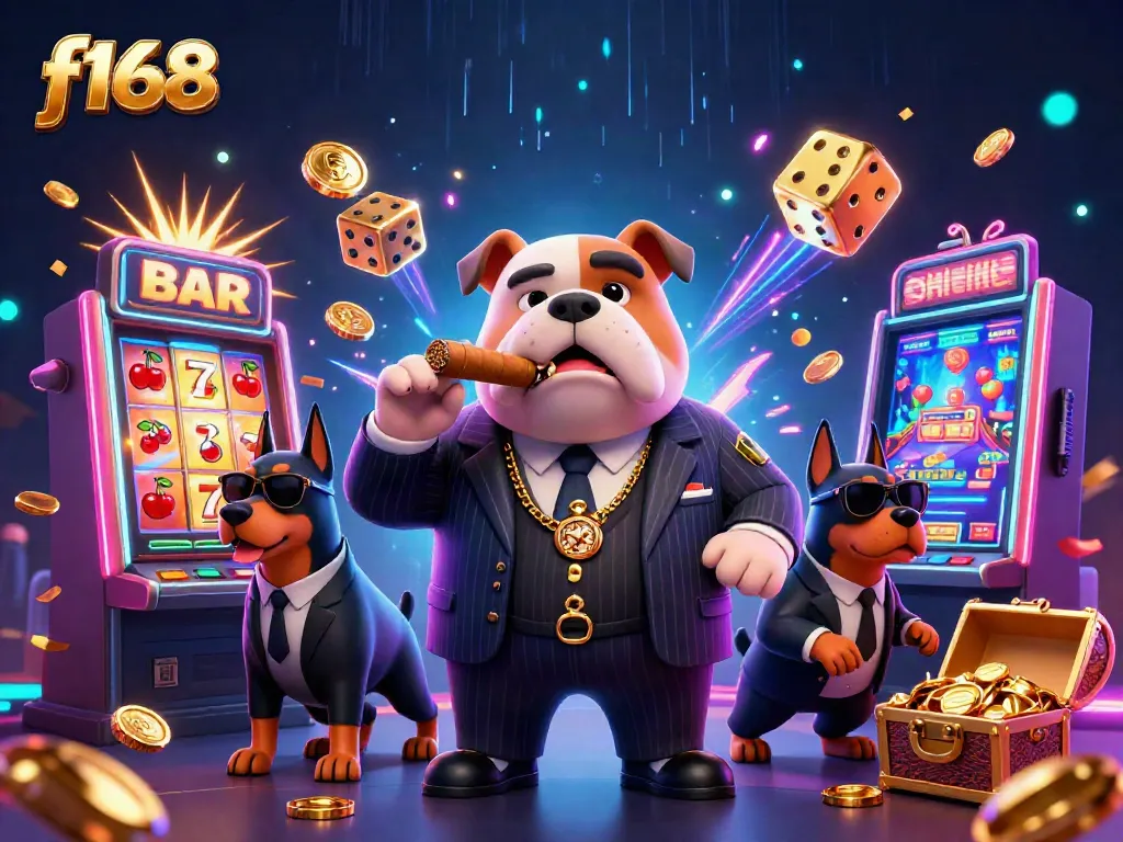 Experience the excitement of f168 with a vibrant casino scene featuring cartoon characters and gaming elements.