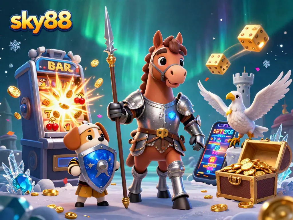 Engage in thrilling online betting action with sky88, featuring an epic 3D knight, squire, and falcon.
