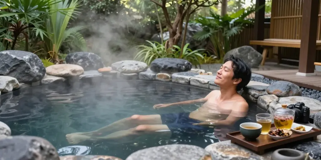 rokok88 link experience in a tranquil volcanic hot spring with lush greenery.