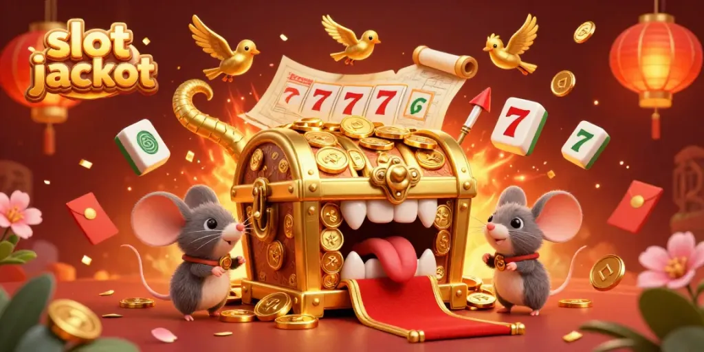 Experience a thrilling slot jackpot scene with a golden treasure chest and dynamic gaming elements.