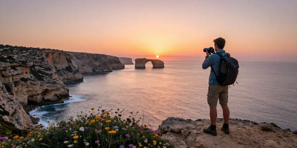 Traveler enjoying a breathtaking Malta Gozo tour at sunrise overlooking the Mediterranean Sea.
