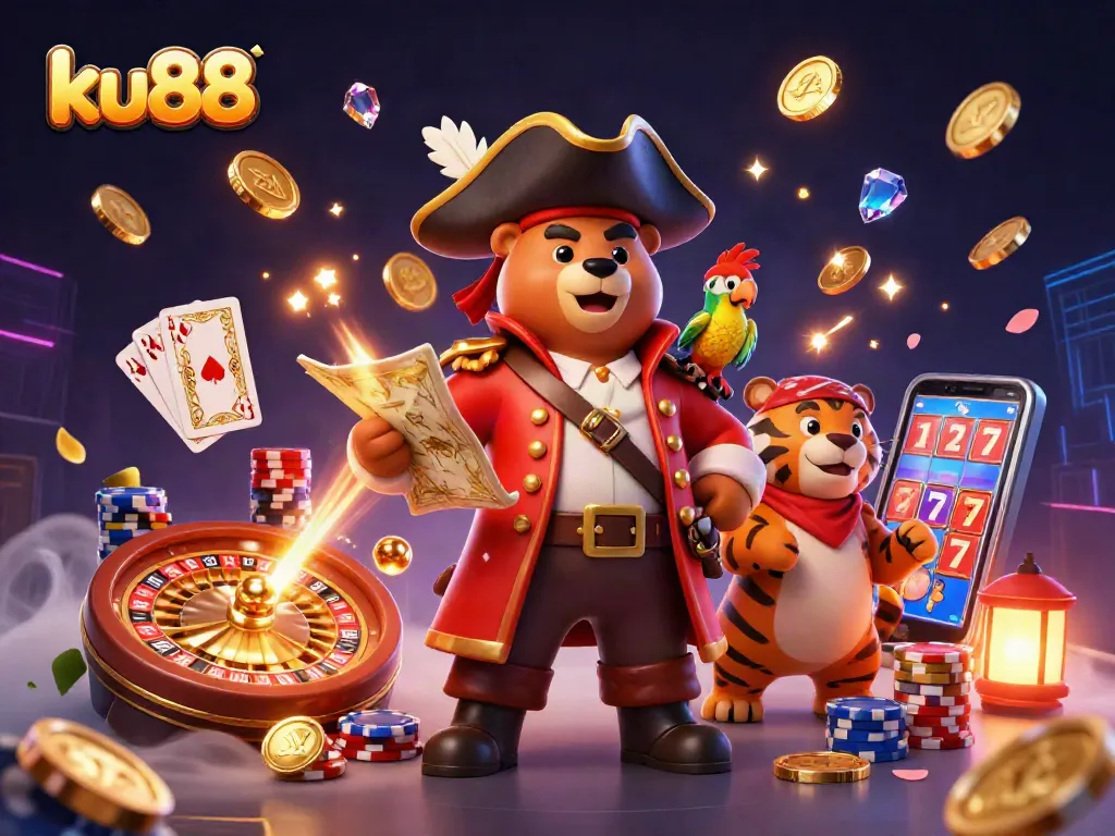 ku88 engages players with vibrant casino excitement, displaying a colorful, dynamic 3D scene featuring games and treasure