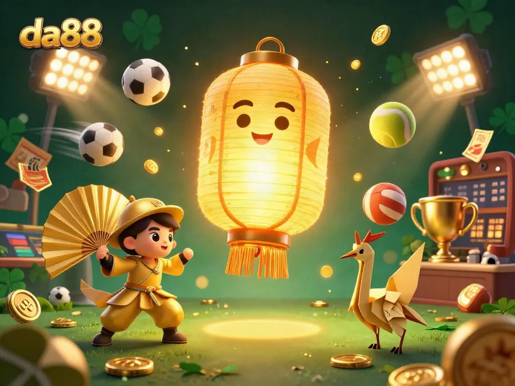 Experience the thrills of da88 casino with a dynamic scene featuring gold lanterns and sports elements.