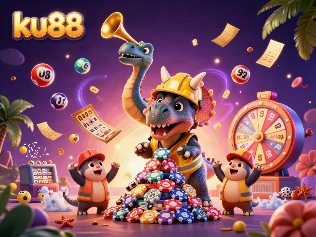 ku88 showcases a lively scene with a triceratops and celebrations amidst winning lottery elements, capturing gaming excitement