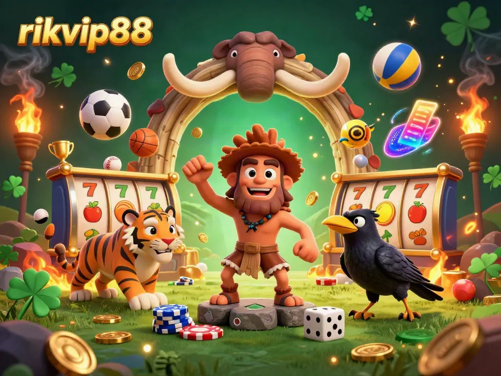 Engage with rikvip88's exciting prehistoric casino featuring cartoon characters, dynamic games, and vibrant elements.