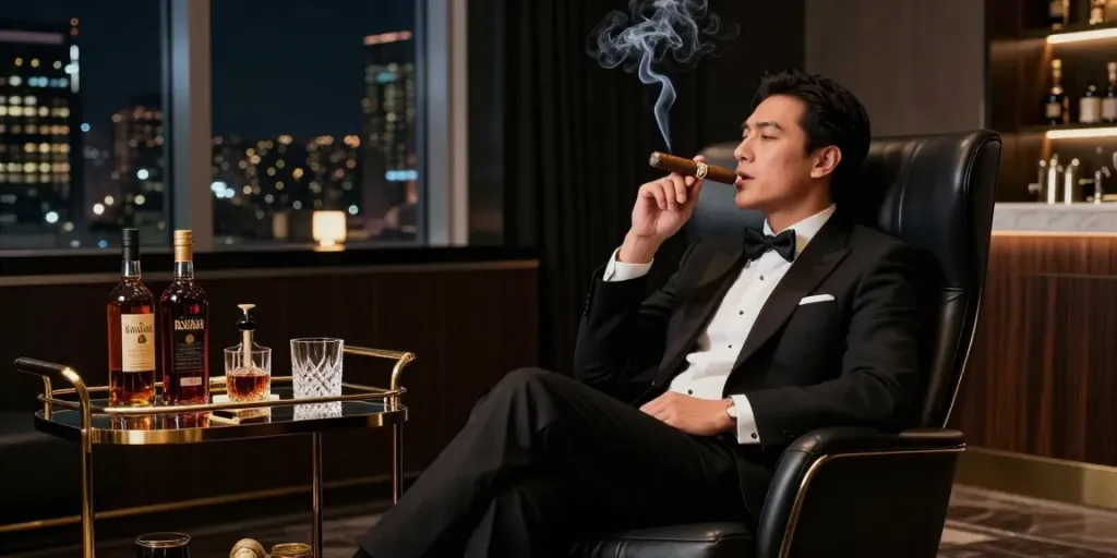 ROKOK88 smoking lounge exuding elegance and sophistication with dark wood and ambient lighting.