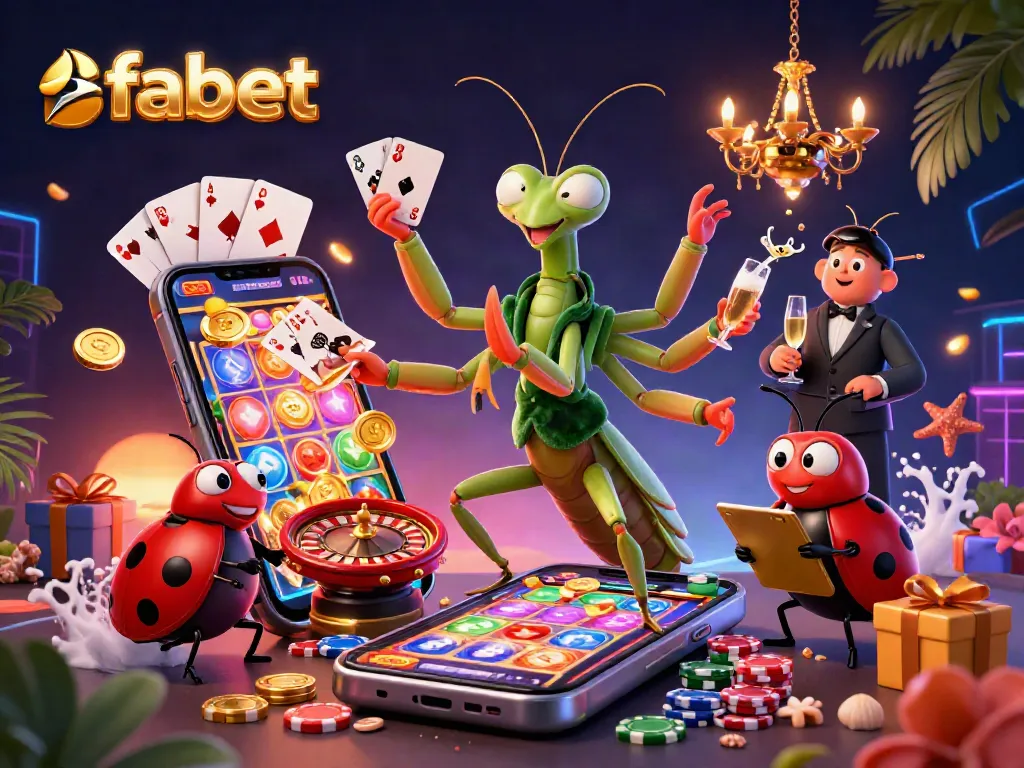Experience thrilling gameplay with fabet as a giant praying mantis dealer and ladybug pit boss entertain in this vibrant casino scene.