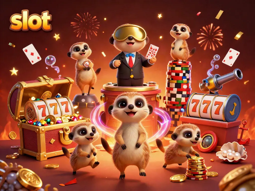 Experience exciting slot gameplay in a vibrant meerkat casino illustrated scene.