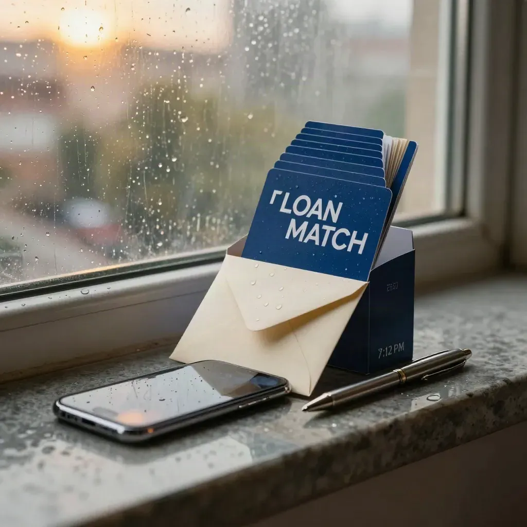 Loan match packet, cards, phone and pen on a rain-damp stone ledge by a window