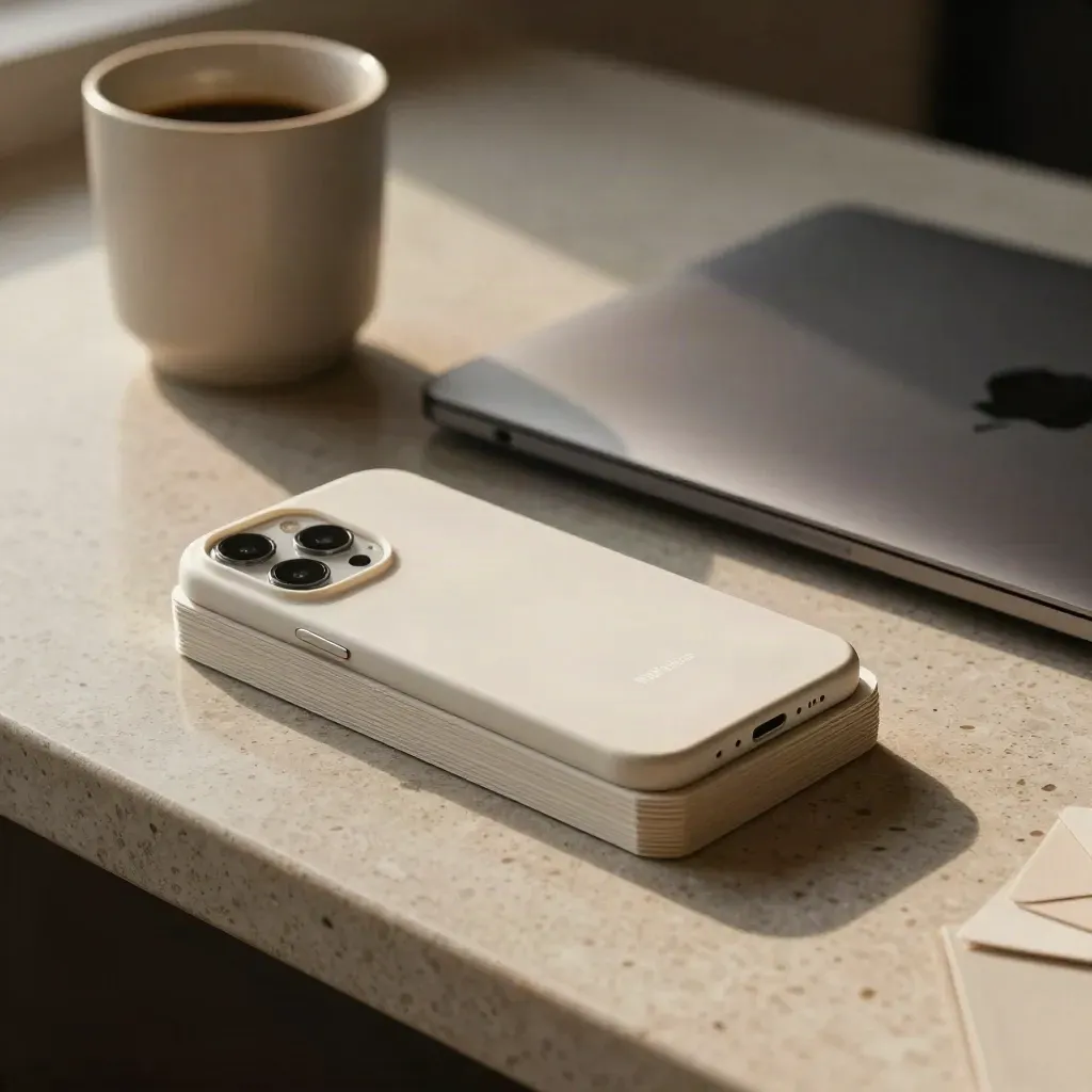 Loan comparison cards, phone shell and coffee cup sliding across a stone counter in dramatic light