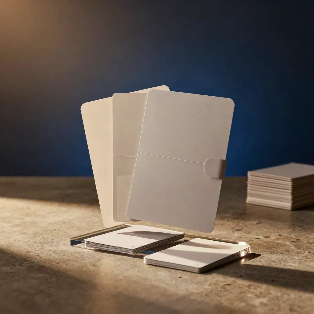 Floating loan matching packet on acrylic plinth with staggered cards, moody studio light.