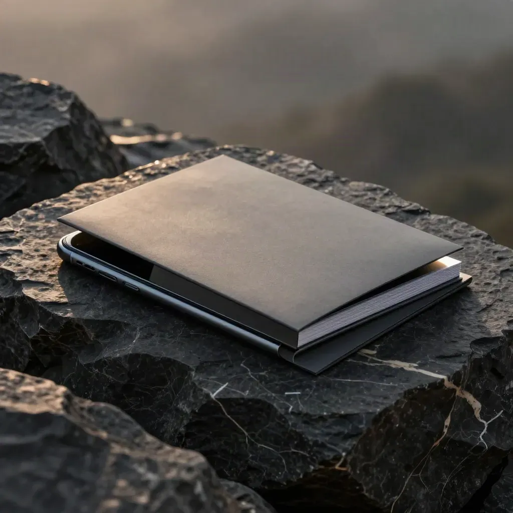 Dark finance lead pack with folder and phone resting in a stone groove under dramatic rim light.