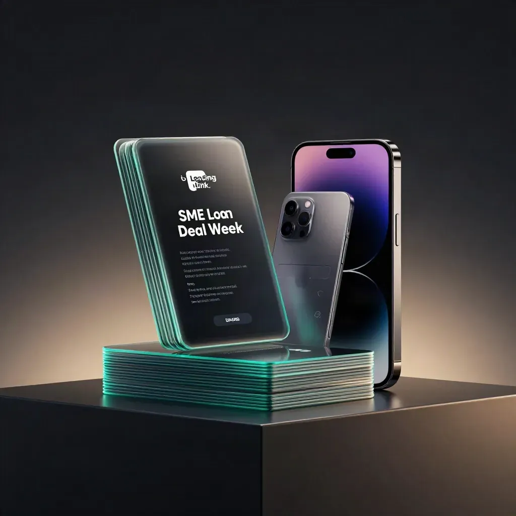 Dark SME loan comparison stack and phone on a black pedestal with teal edge glow.