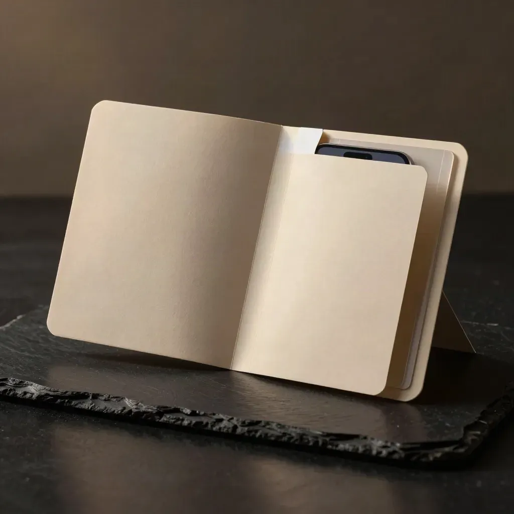Dark studio loan packet with phone and folder on matte-black stone