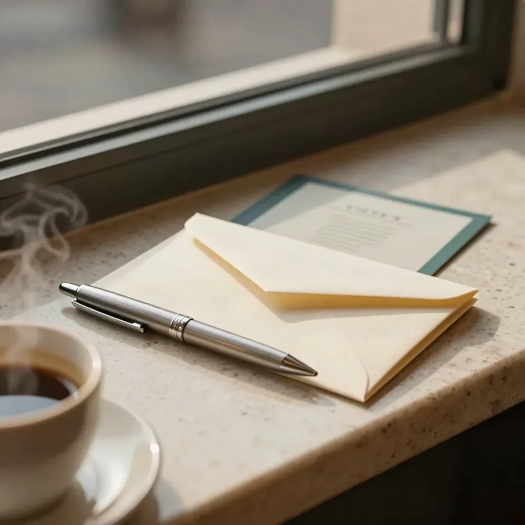Slim loan comparison deck, metal pen and ivory envelope on a travertine café ledge with soft steam