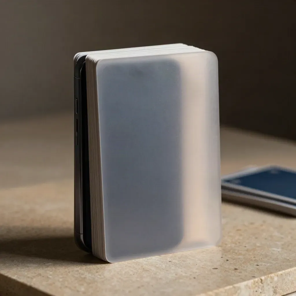 Macro hero of a layered invoice pack with frosted sleeve and dark-screen phone on stone.