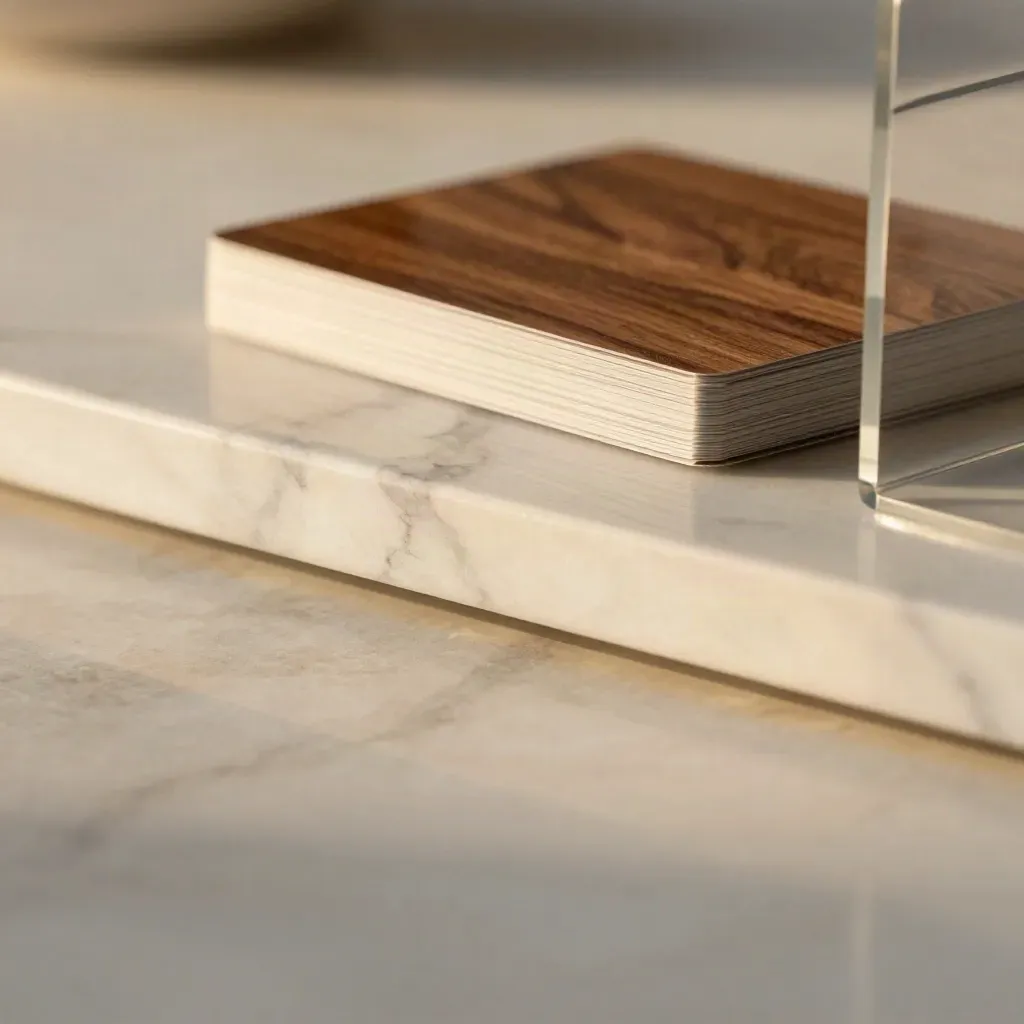 Pale marble tabletop with folded loan cards and brushed metal detail, calm copy space below