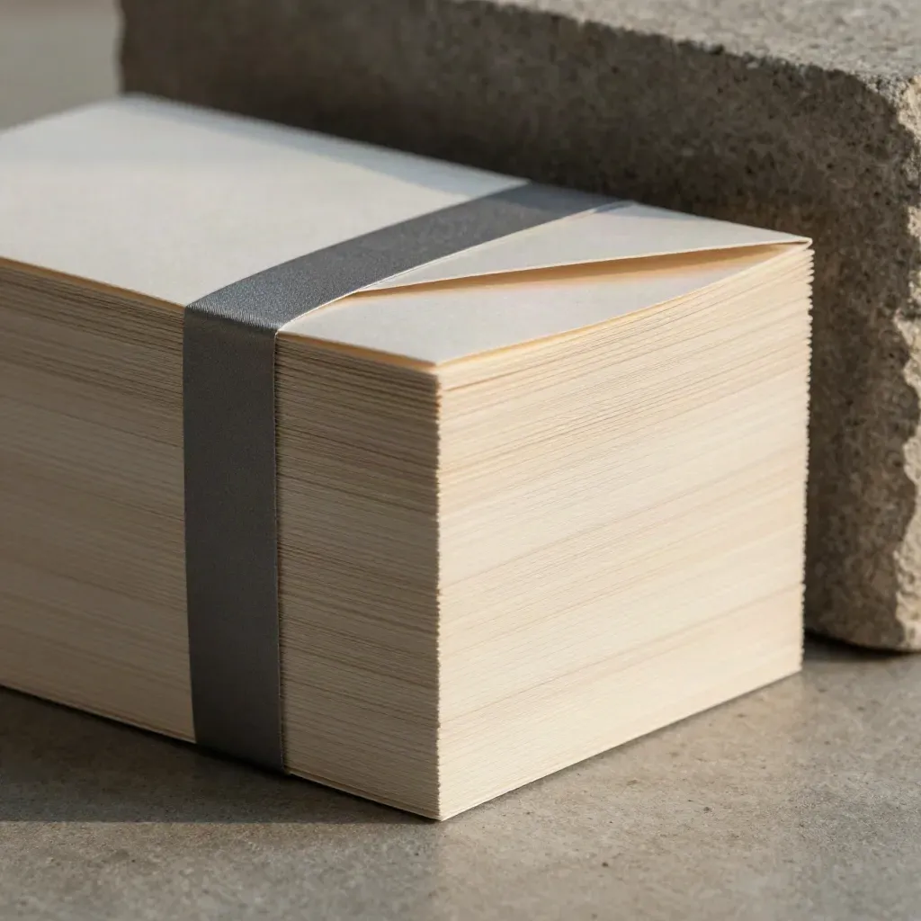 Macro paper loan bundle with envelope band leaning on a stone block