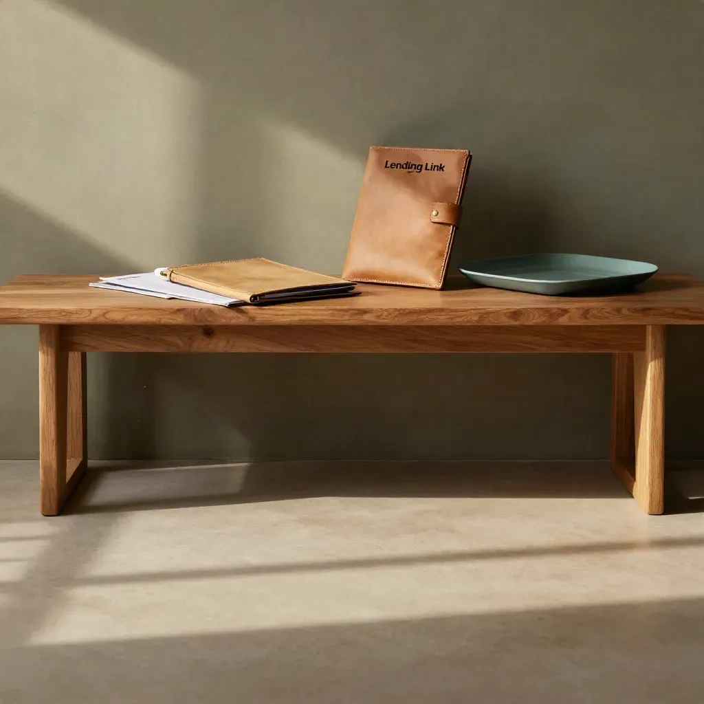 Oak bench with folders and loan pack in a sunlit modern interior