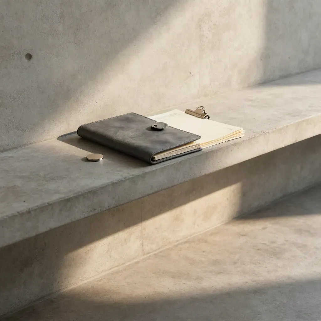 Sunlit concrete corridor with a slate-gray refinance folio on a ledge, copy space below.