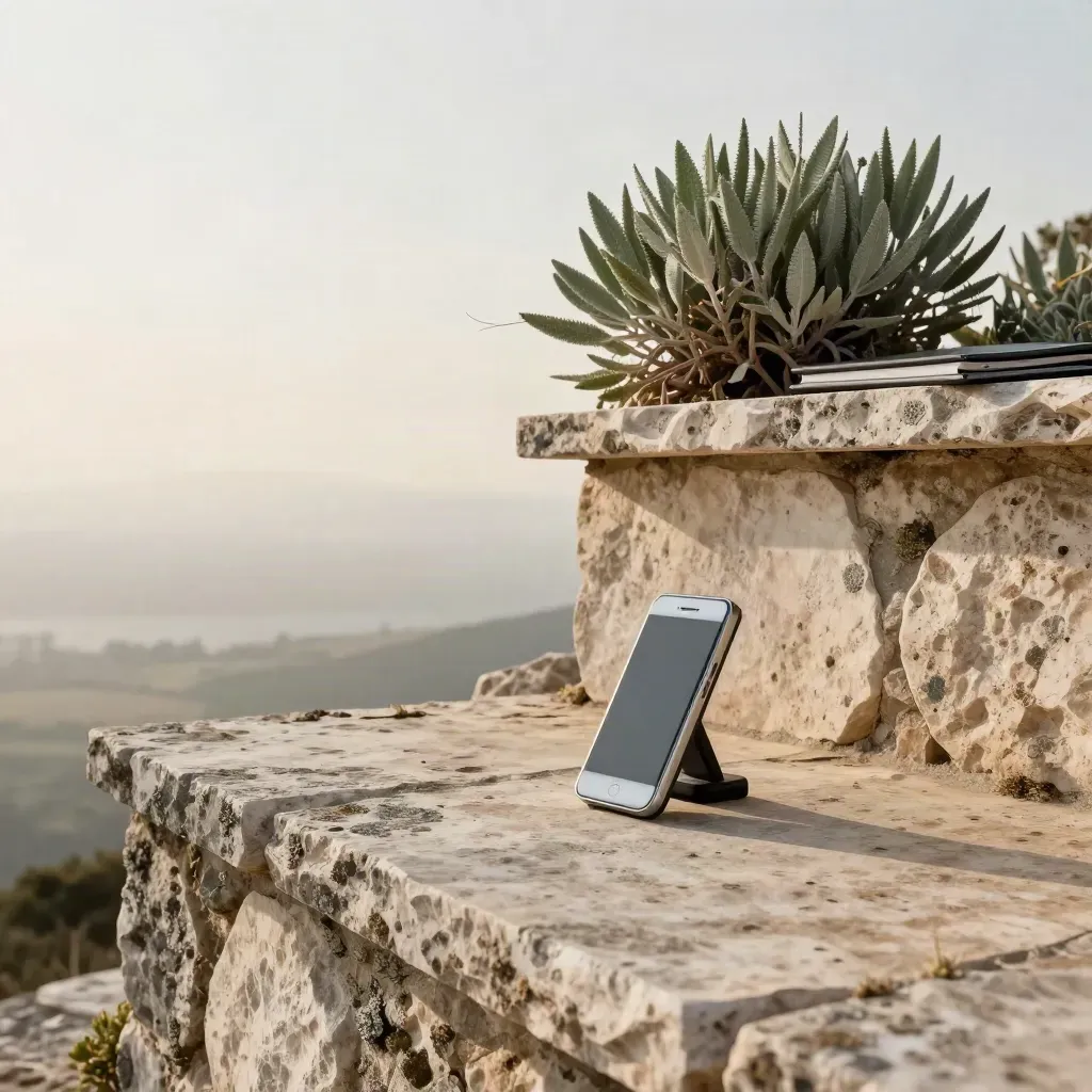 Weathered stone terrace with tiny credit-check kit above a misty valley and calm sky