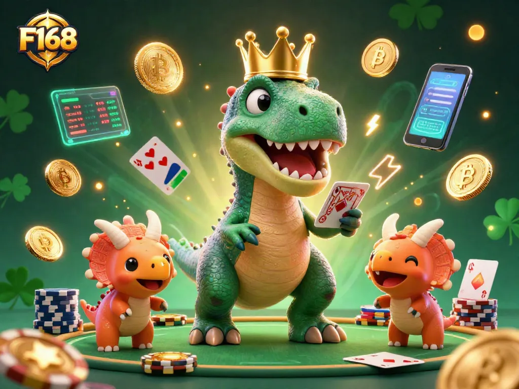F168 showcases a vibrant casino atmosphere with cartoon dinosaurs playing cards and stacking chips.