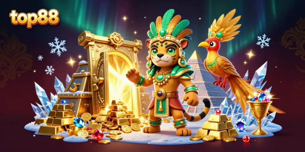 Experience the excitement of top88 with a vibrant 3D scene showcasing Mayan characters and treasures.