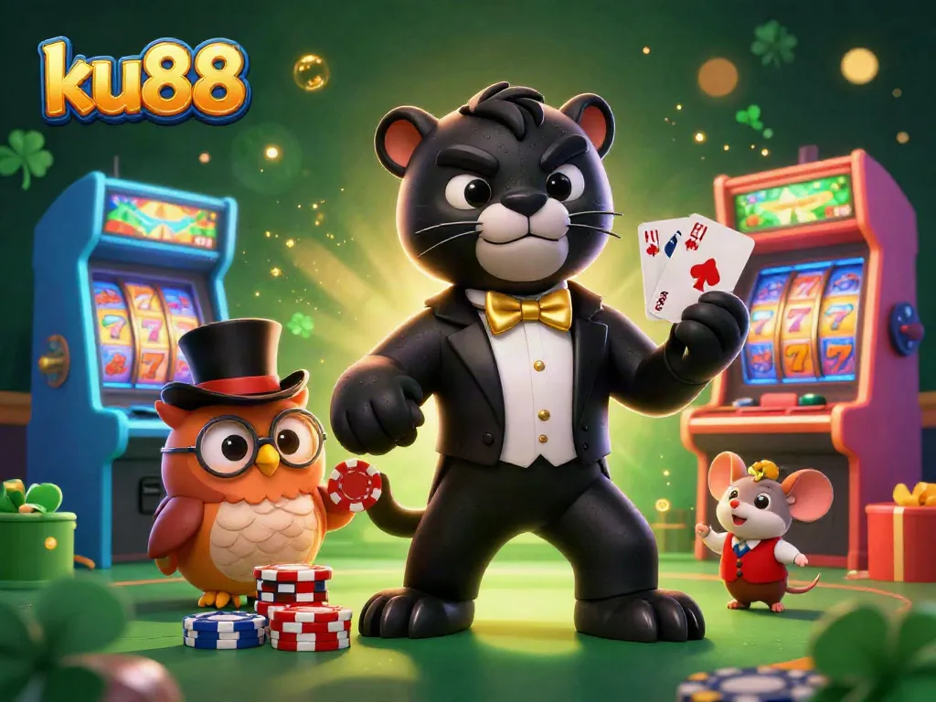 ku88 showcases a vibrant casino scene with a stylish black panther dealer, an owl with poker chips, and a lucky mouse amidst dynamic gaming elements.