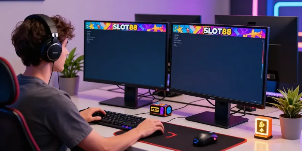 SLOT88 login scene with a gamer enjoying online slots at a colorful desk setup.