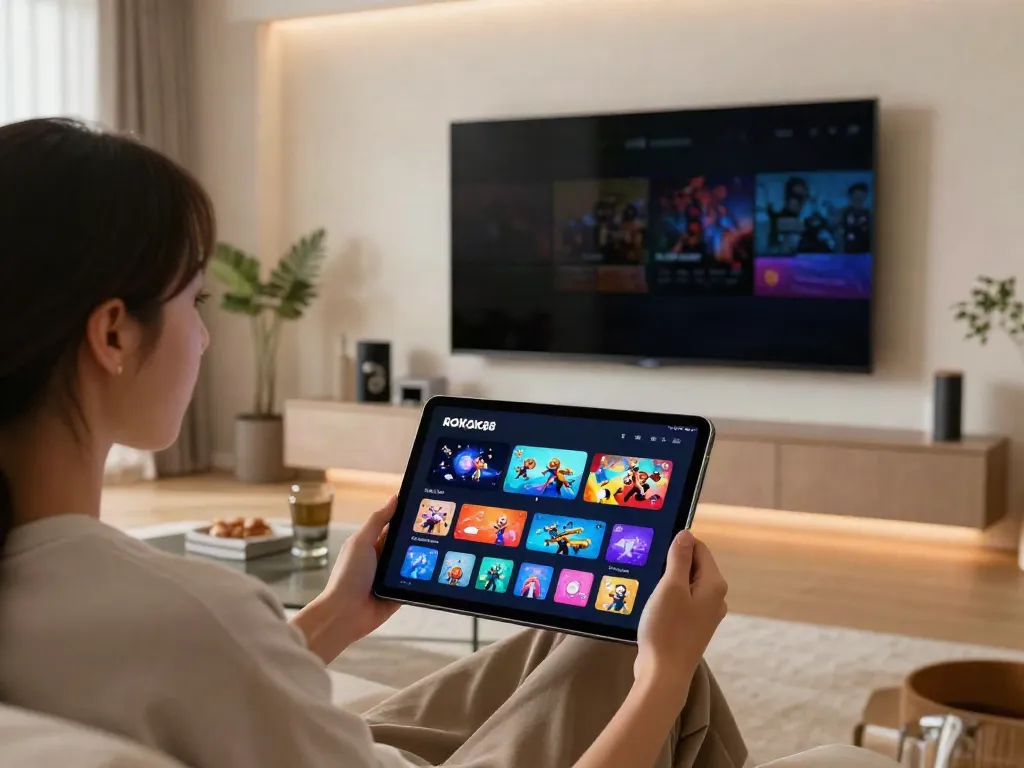 Engaging with ROKOK88 login on a sleek tablet while surrounded by vibrant entertainment displays in a modern lounge.