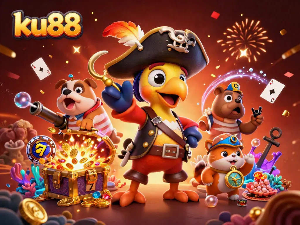 ku88 players enjoying vibrant casino excitement with pirate characters and treasure scene