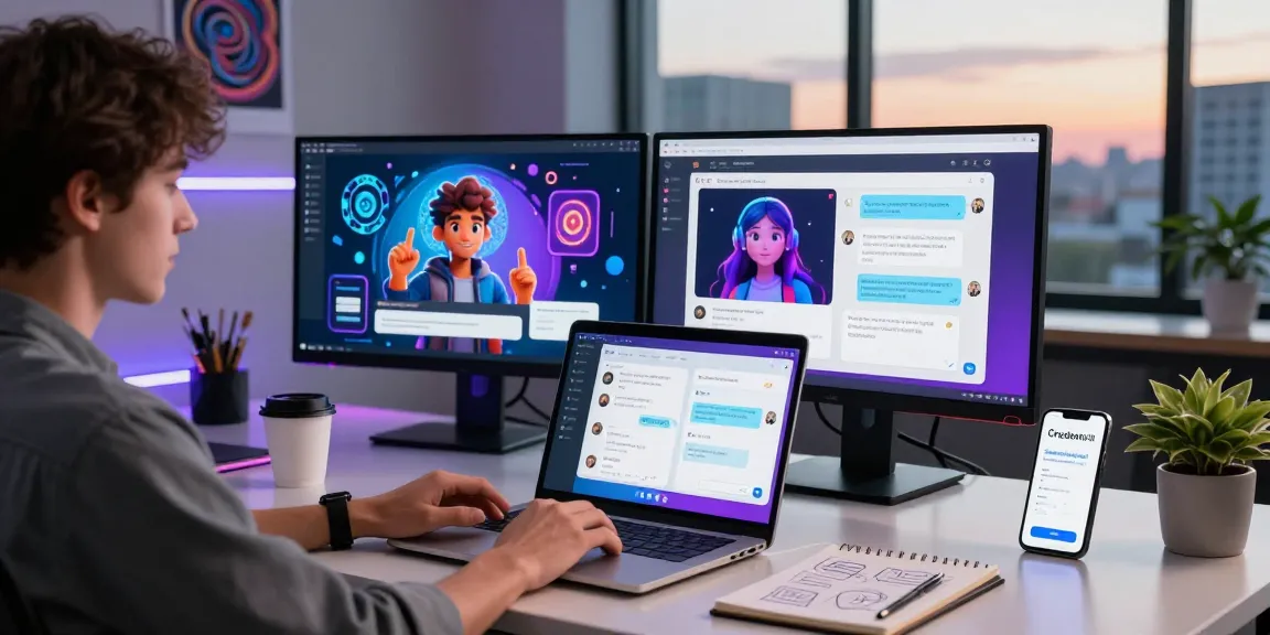 Engaging CrushonAI chat interaction in a modern workspace with vibrant AI designs and urban skyline.