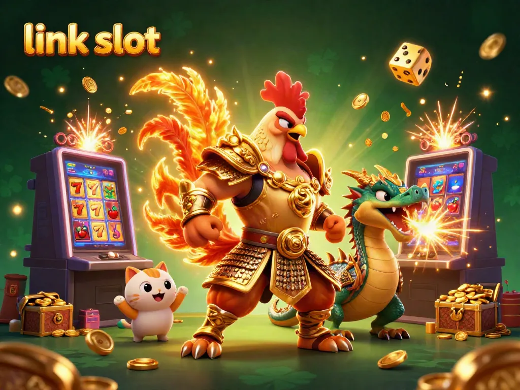Experience thrilling jackpots at link slot featuring a dynamic scene with colorful slot elements and enchanting characters.
