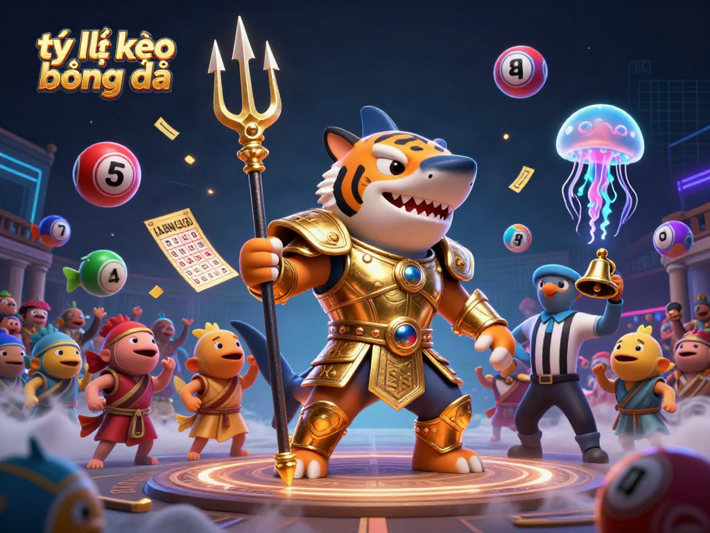 Engaging illustration showcasing tỷ lệ kèo bóng đá in an underwater colosseum with a shark warrior and vibrant game elements.