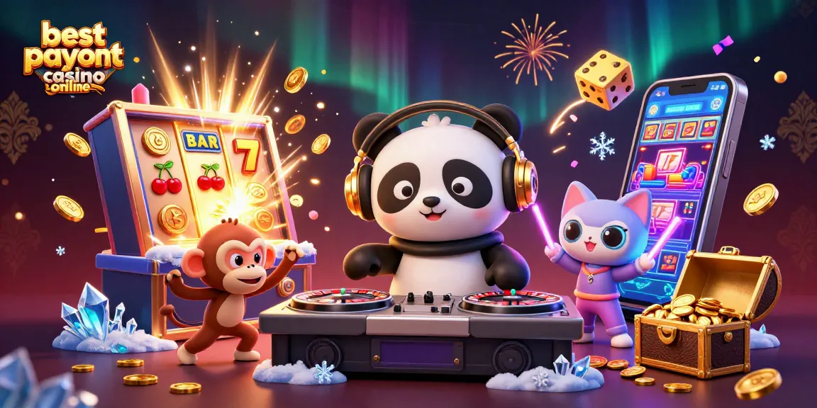 Engaging 3D cartoon scene showcasing the best payout casino online with DJ panda, breakdancing monkey, and rave kitten.